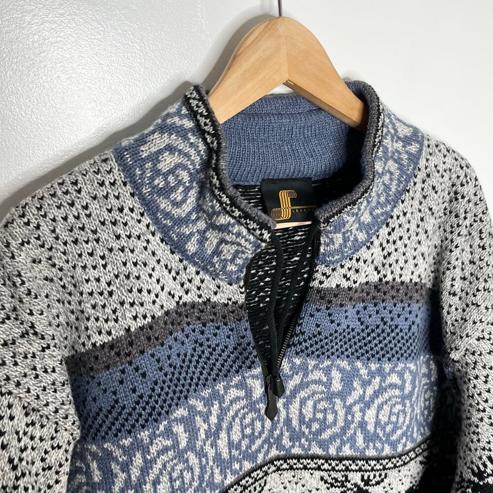 Vintage Levandi Quarter Zip Wool Sweater Mens Medium Blue Moose Fair Isle Cabin - Picture 4 of 10